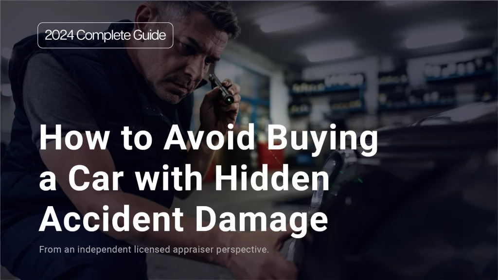 Mechanic closely inspecting car bumper for signs of accident damage, showing caution and attention to detail before buying a used car.