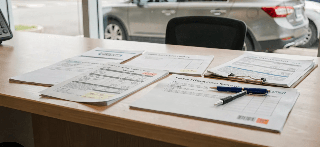 Car Loan Paperwork and Financing Documents on Dealership Desk – Diminished Value of Georgia, Car Appraisals for Insurance Claims Car loan and financing paperwork on a desk with a vehicle visible outside, representing negative equity on an auto loan in Georgia | Diminished Value of Georgia, Car Appraisals for Insurance Claims