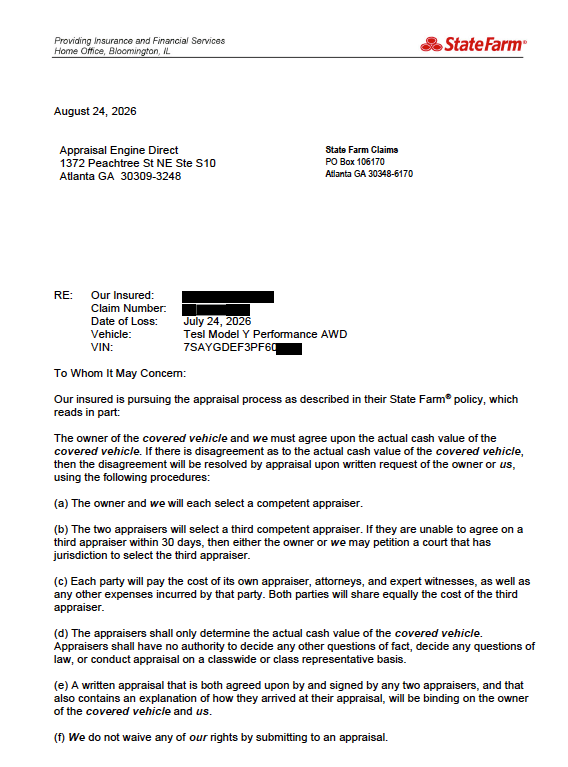 State Farm Appraisal Clause Letter for Total Loss Claim – Diminished Value of Georgia, Car Appraisals for Insurance Claims State Farm appraisal clause letter explaining the actual cash value dispute process for a total loss claim | Diminished Value of Georgia, Car Appraisals for Insurance Claims