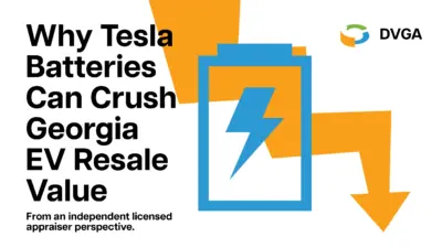 Tesla Battery Impact on Georgia EV Resale Value Graphic – Diminished Value Georgia, Car Appraisals for Insurance Claims A graphic with "Why Tesla Batteries Can Crush Georgia EV Resale Value" in large black text, a blue battery icon with a lightning bolt, an orange upward arrow, an orange downward arrow, the DVGA logo, and the phrase "From an independent licensed appraiser perspective."