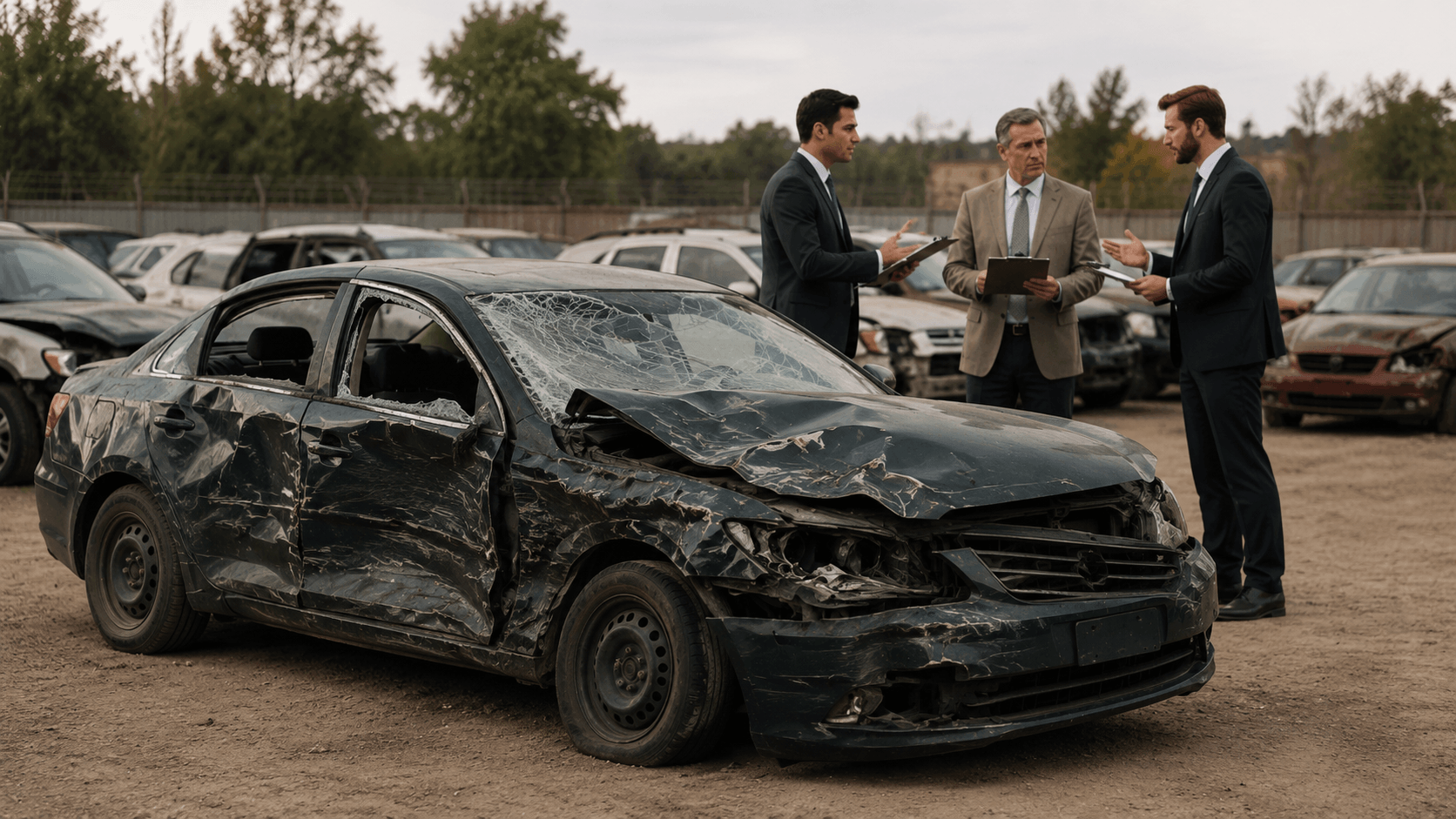 Appraisers inspecting a wrecked vehicle during a total loss appraisal dispute