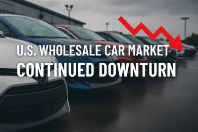U.S. wholesale car lot with multiple parked vehicles on a wet pavement, overlaid with a red downward arrow and text reading "U.S. Wholesale Car Market Continued Downturn."