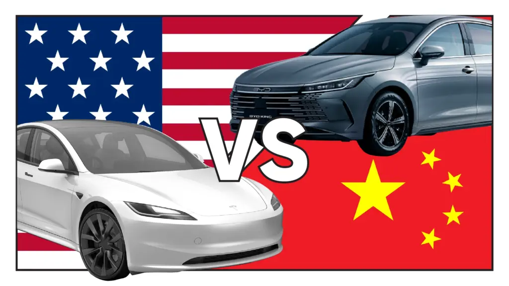 A Tesla and a BYD over their respective country flags, representing the EV competition of the Chinese and U.S. brands.