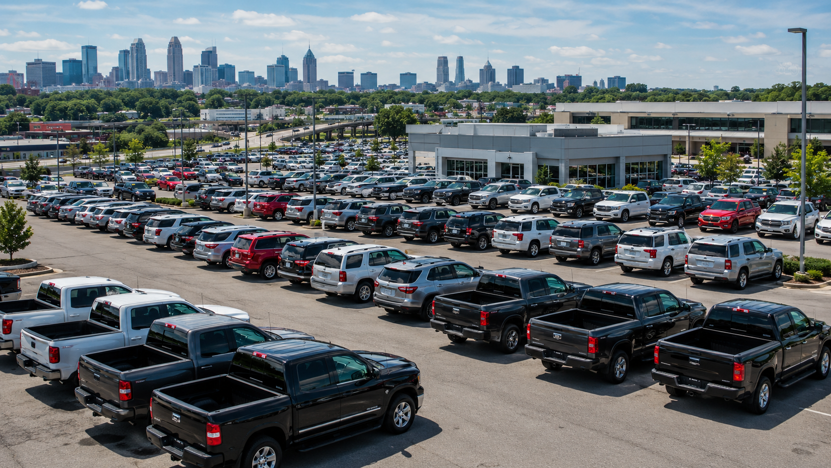 Used car dealership lot in Atlanta Georgia with trucks and SUVs – Diminished Value of Georgia, Car Appraisals for Insurance Claims Aerial view of a used car dealership lot in Atlanta Georgia with rows of trucks and SUVs, illustrating 2026 vehicle depreciation trends and diminished value claims in Georgia | Diminished Value of Georgia, Car Appraisals for Insurance Claims