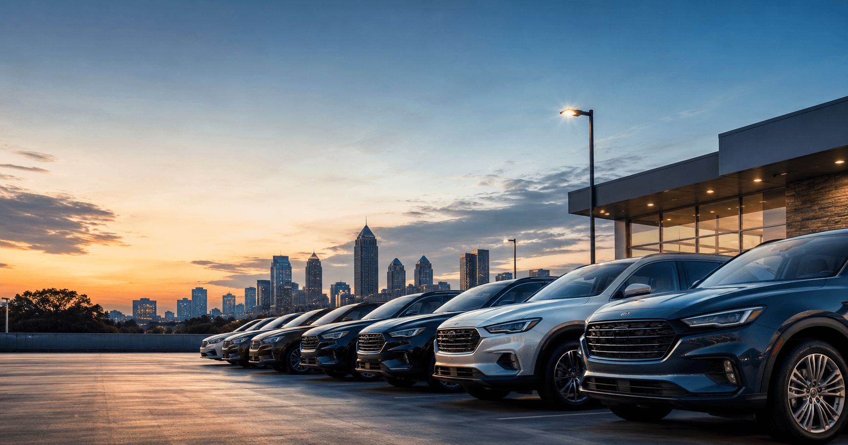 Used Vehicle Market Update June 2026 – Diminished Value of Georgia, Car Appraisals for Insurance Claims Used vehicles at a dealership lot at dusk illustrating the June 2026 used vehicle market update | Diminished Value of Georgia, Car Appraisals for Insurance Claims