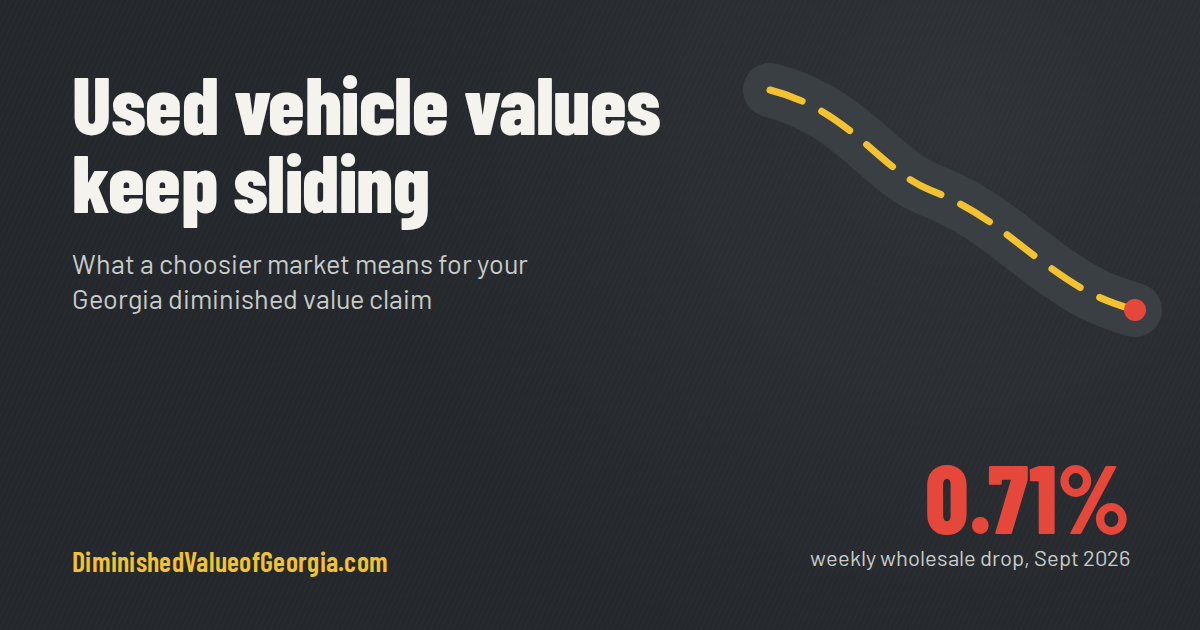 Falling Used Car Values and Your Georgia DV Claim – Diminished Value of Georgia, Car Appraisals for Insurance Claims Road line trending downward showing a 0.71% weekly drop in used vehicle wholesale values | Diminished Value of Georgia, Car Appraisals for Insurance Claims